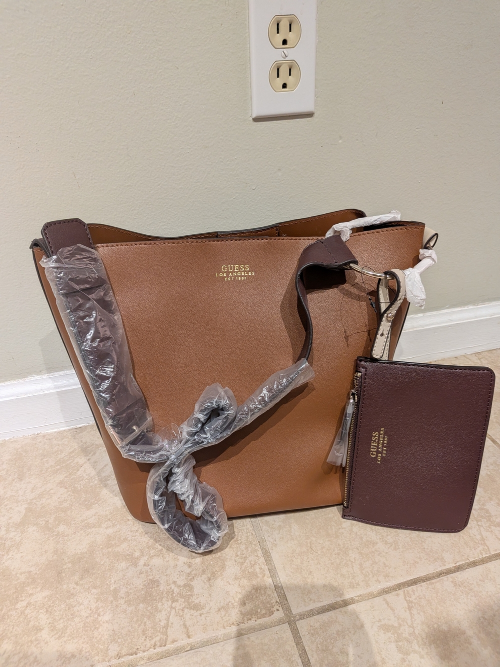 GUESS Brown Tan Two-Tone Tote with Removable Zip Pouch